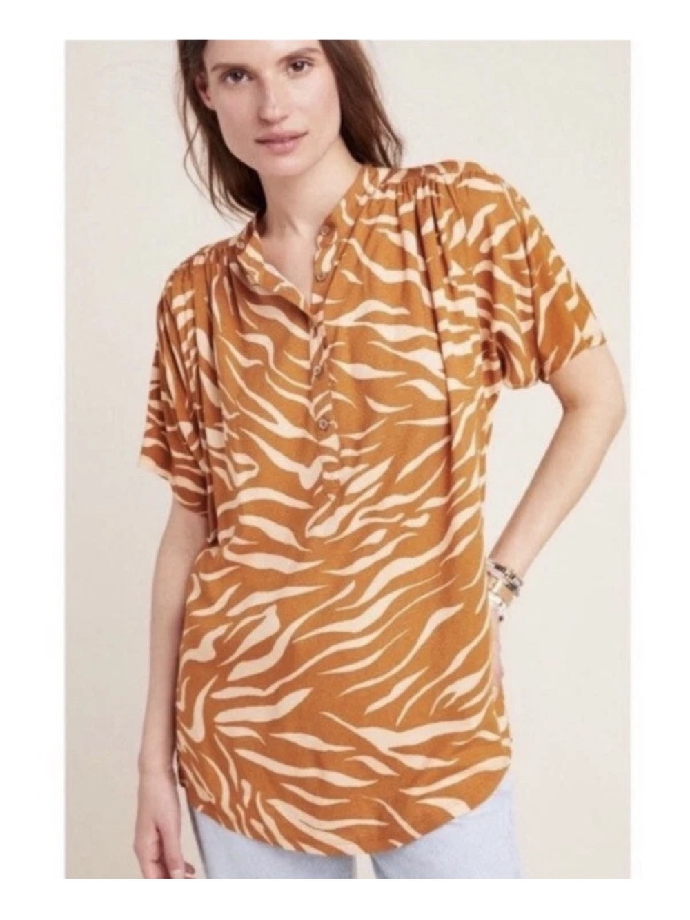 Anthropologie Maeve Rust and Cream Printed XS Zebra Stripe Tunic Top